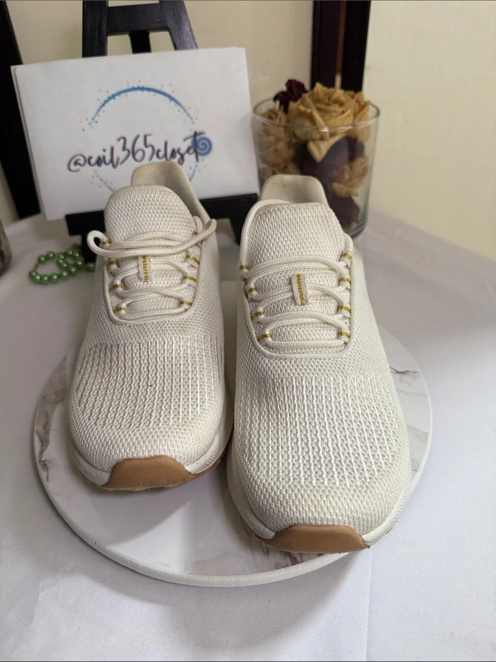 Athletics Off-White Knit Tie Up Slip-On Sneakers with Gold Accents